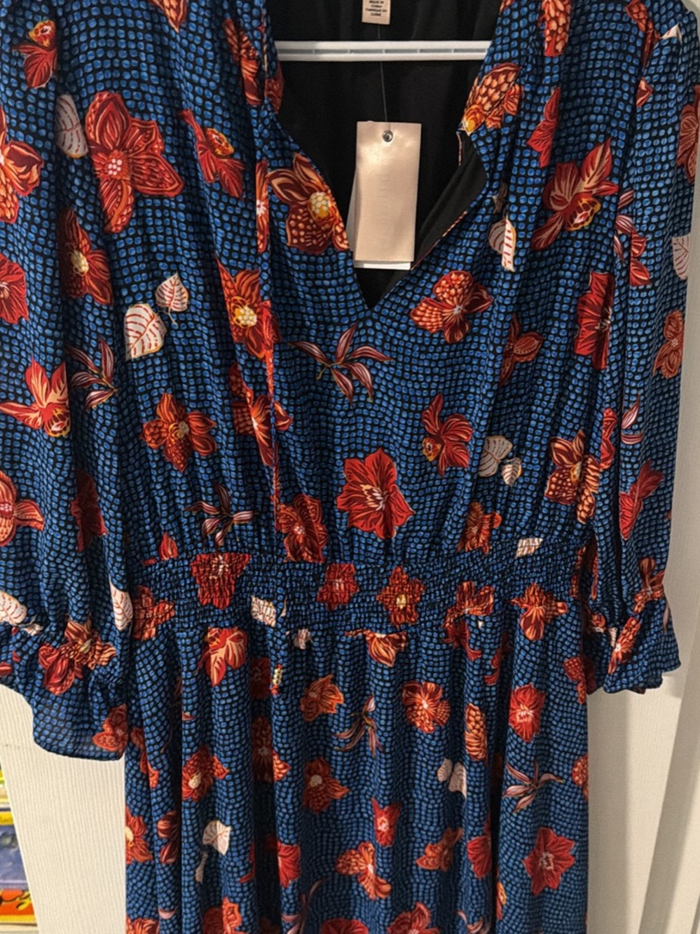 Philosophy Navy Blue V-Neck Dress with Red Floral Print